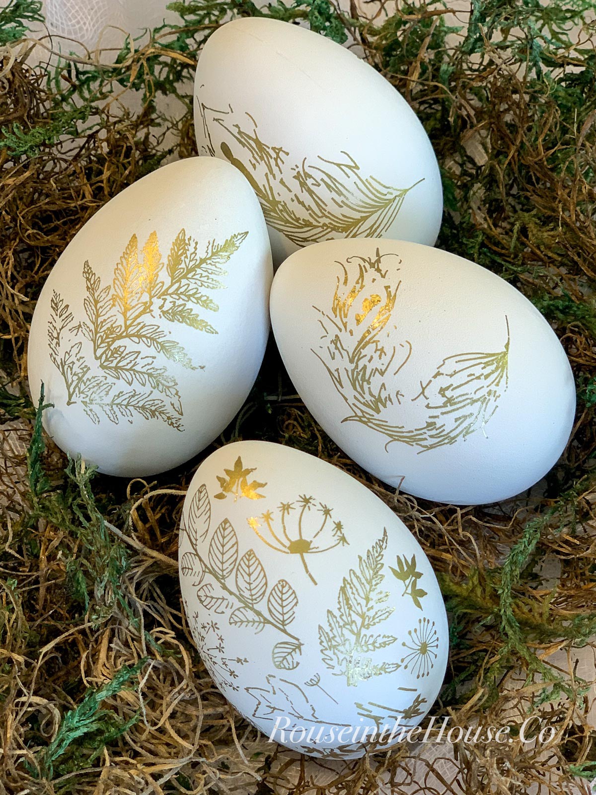 Easter eggs decorated with Rub on transfers.