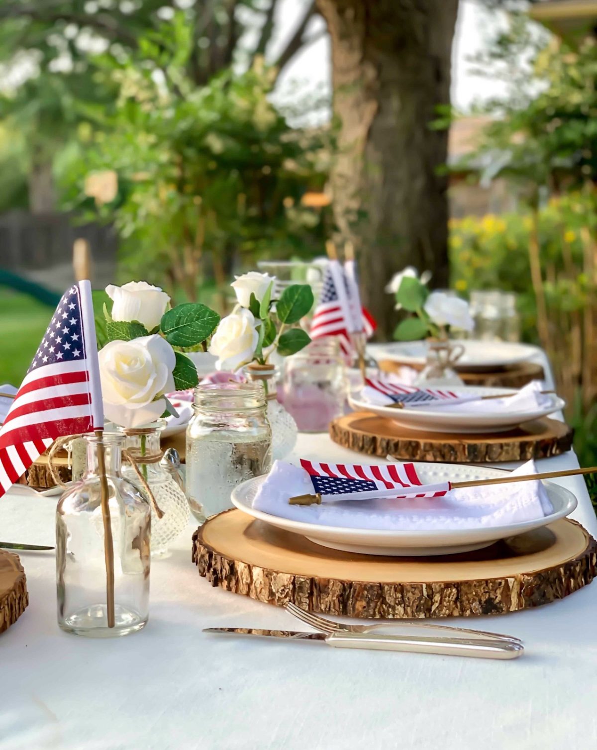 An outdoor patriotic table setting.