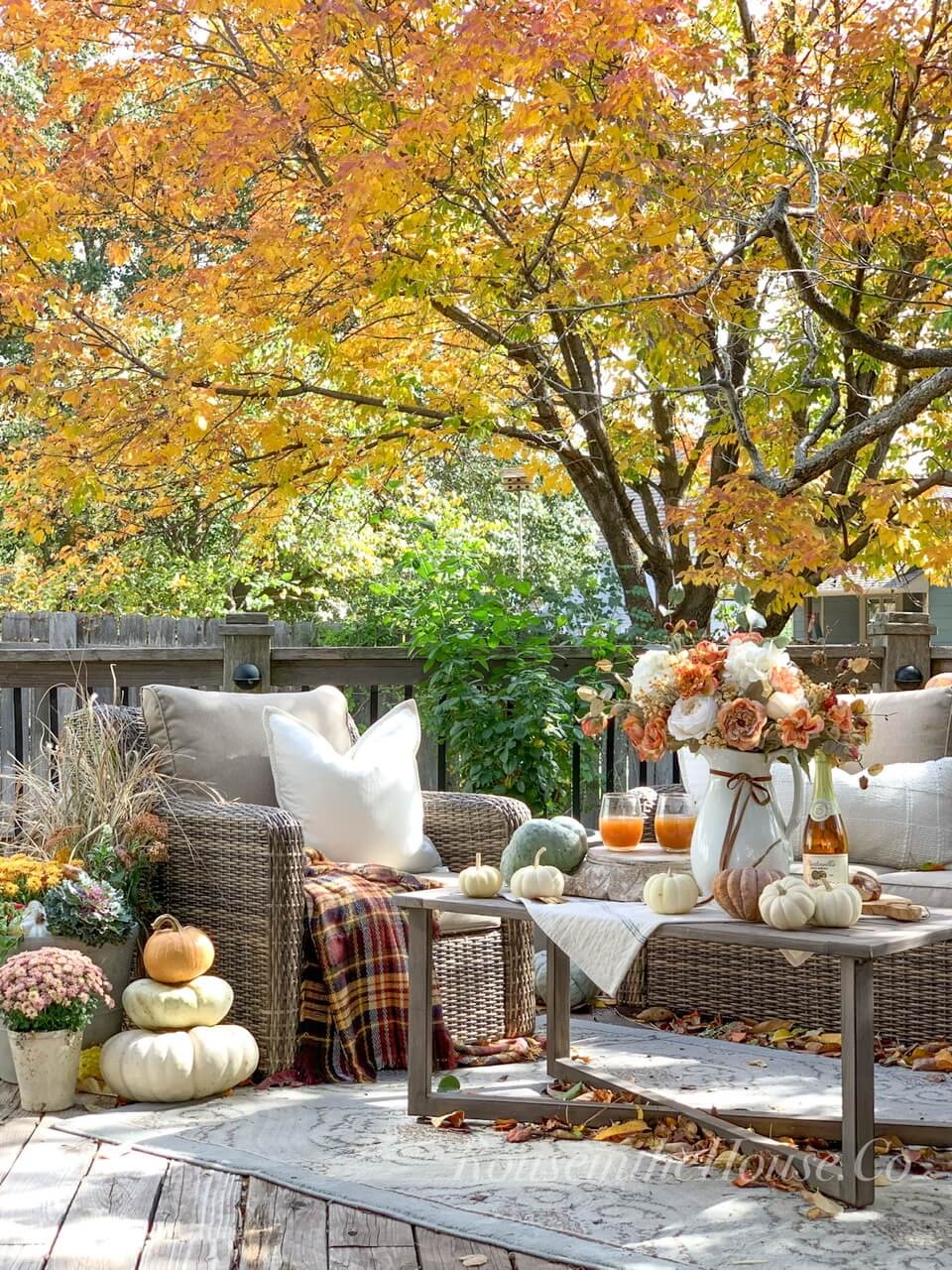 An outdoor space decorated for fall. Fall foliage is in the background.