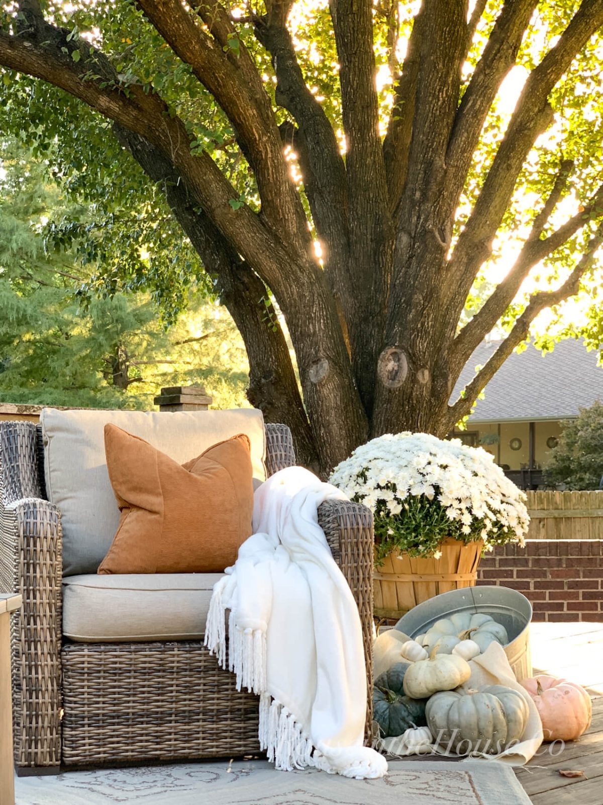A cozy outdoor seating area decorated with a fall corduroy burnt orange pillow, a plush throw, and Cinderella pumpkins spilling out of a BHG galvanized bucket. 