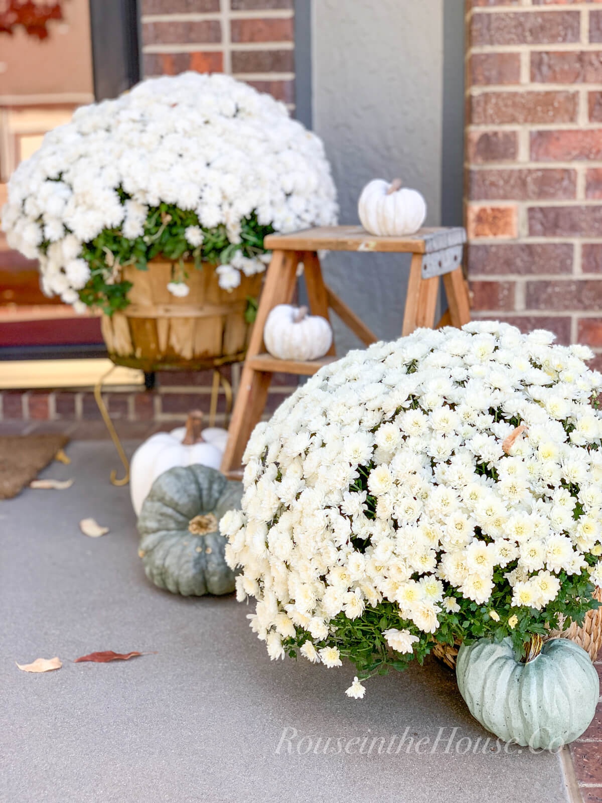 Outdoor fall decor on a front porch: bridal white mums surround a small, primitive ladder decorated with pumpkins.