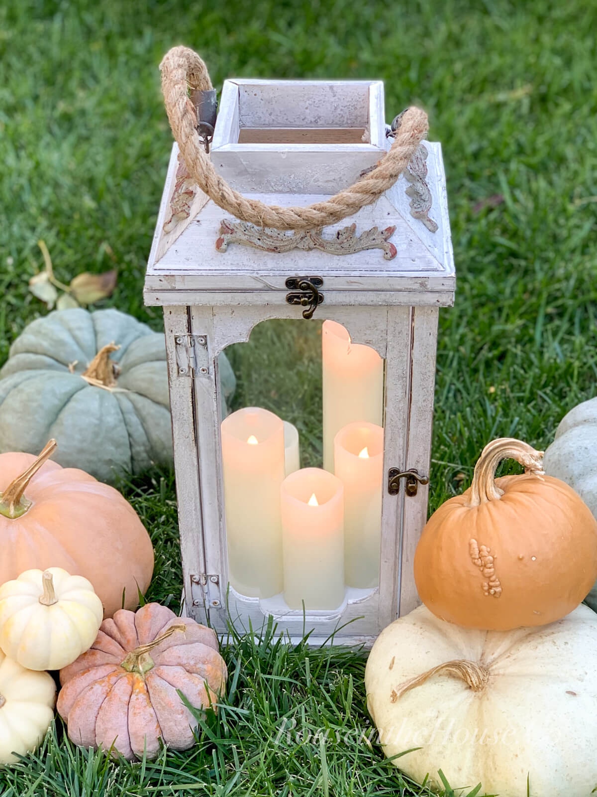 A rustic lantern is lit with faux candles next to piles of pumpkins. 