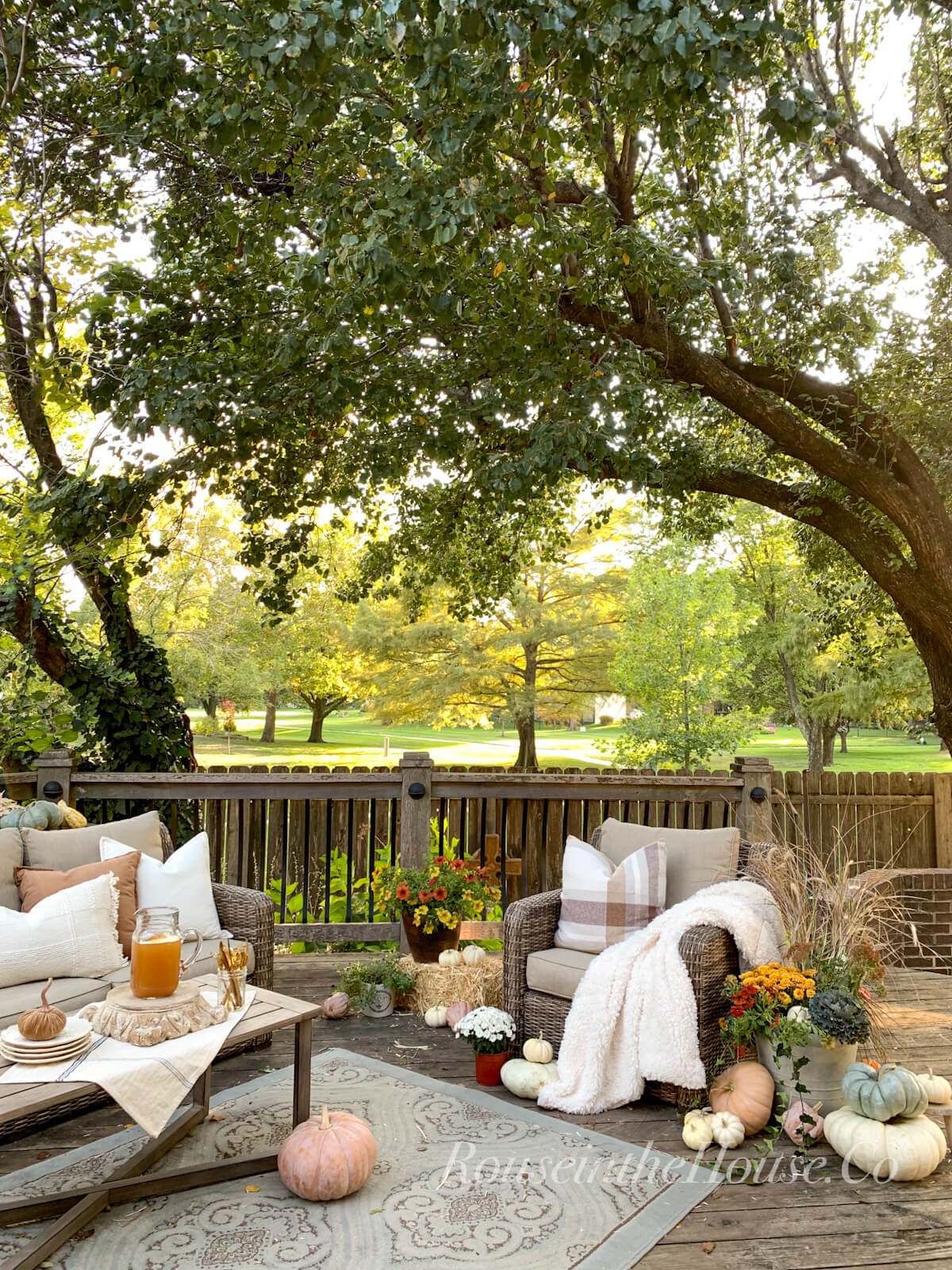 A cozy fall deck is decorated with outdoor furniture, a rug, plush pillows, fall flower containers and real heirloom pumpkins.