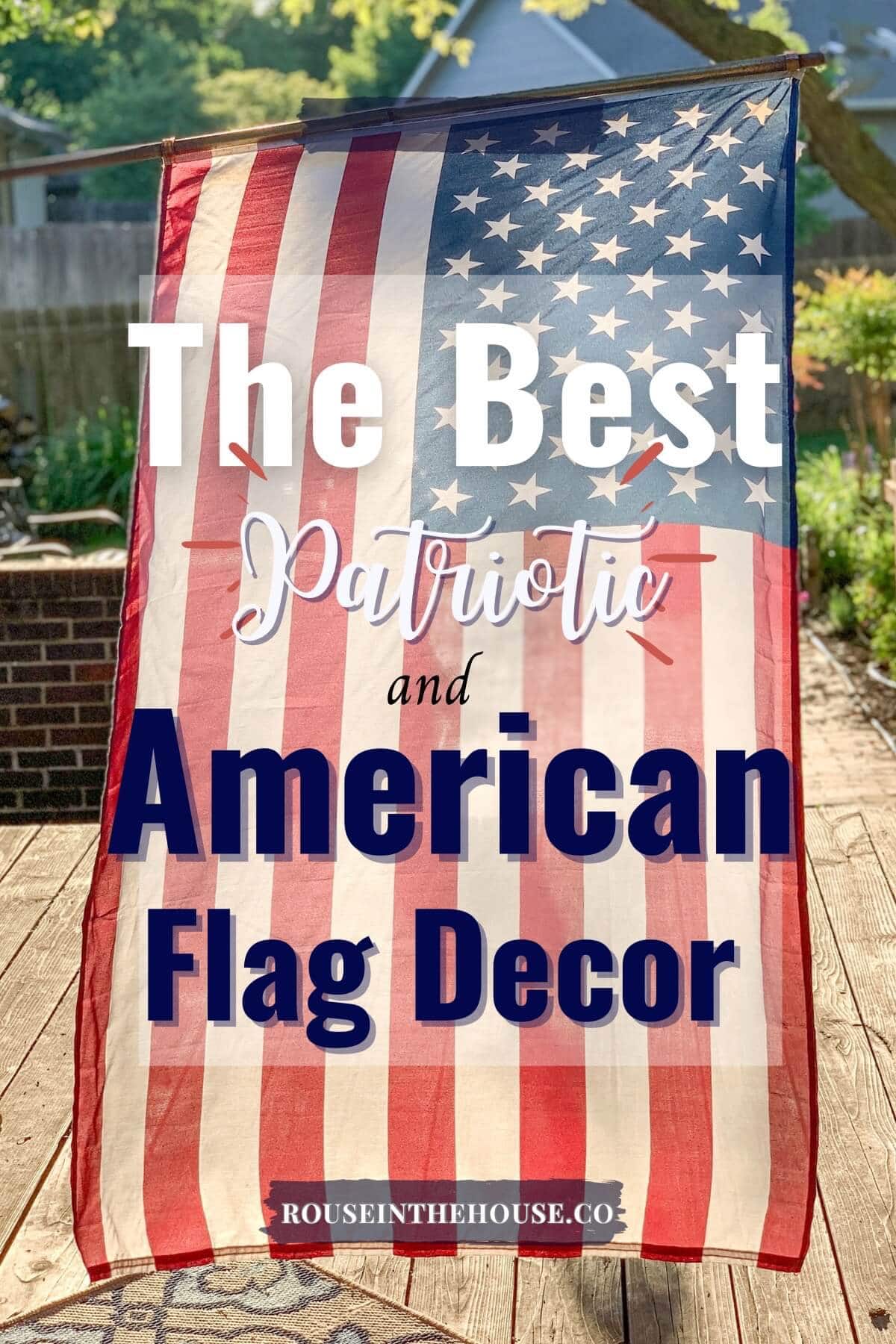 An outdoor US American flag hanging over a patio