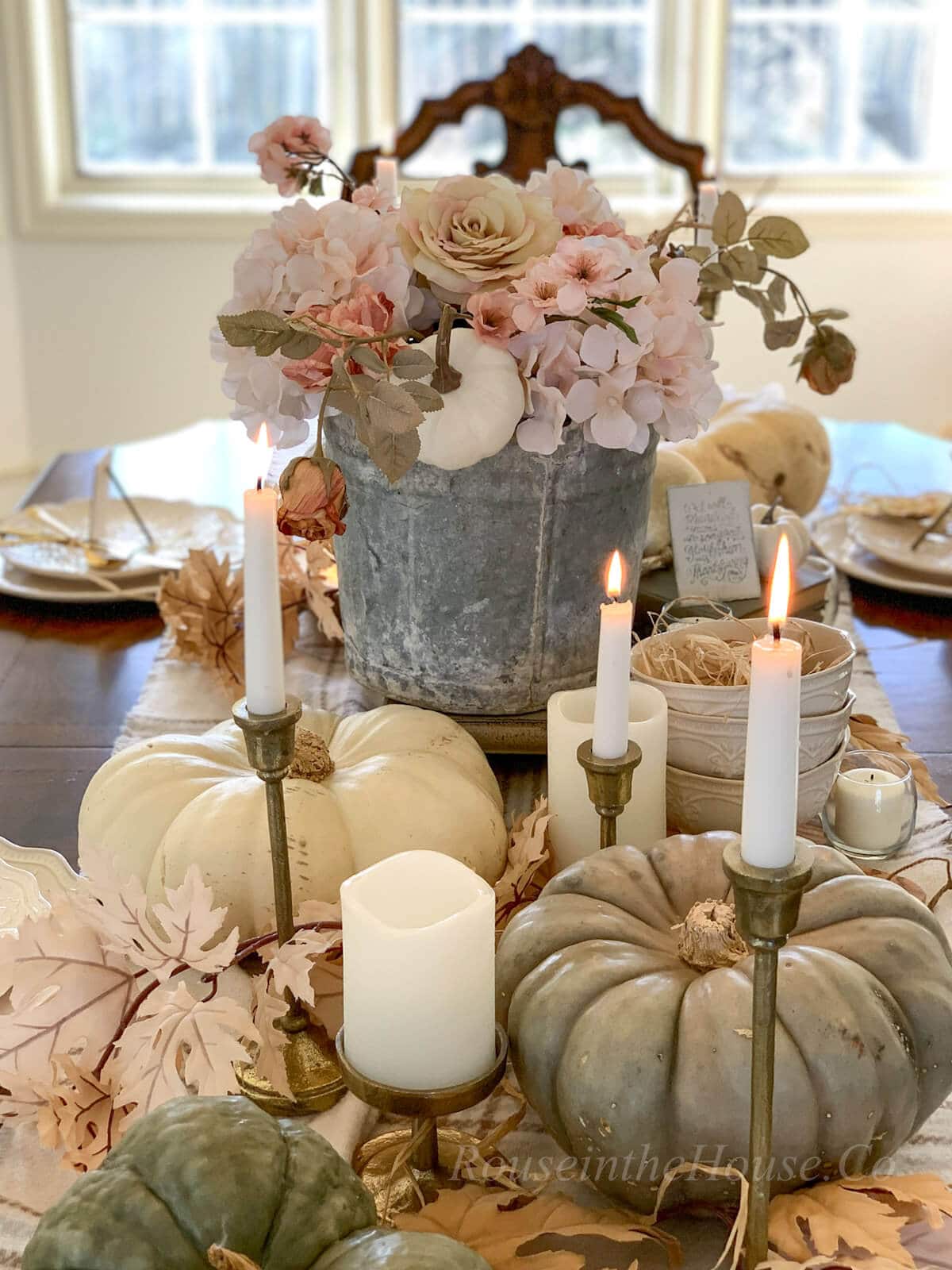 The center of a table decorated for Friendsgiving dinner.